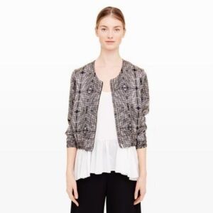 Club Monaco Geometric Black and Gray Bomber Jacket Front Zipper Sz M 100% Silk